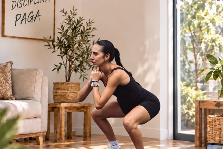 Ivanna haciendo una sentadilla en la sala de su casa, bajo un cuadro que dice que la disciplina paga.
